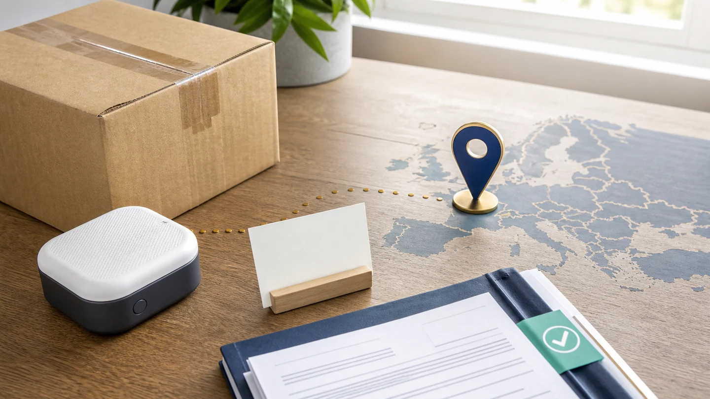 Imported product, EU map marker, contact card, and compliance folder representing an EU Responsible Person