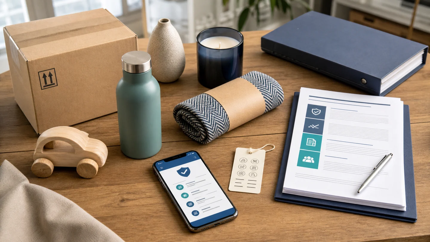 Shopify-Arbeitsplatz mit Produkten, Sicherheitsdokumentation und einem mobilen Compliance-Bereich